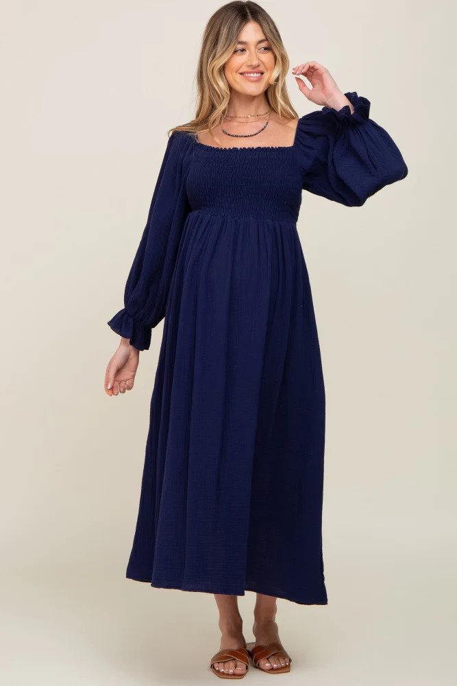 Navy Gauze Smocked Maternity Midi Dress | PinkBlush Maternity