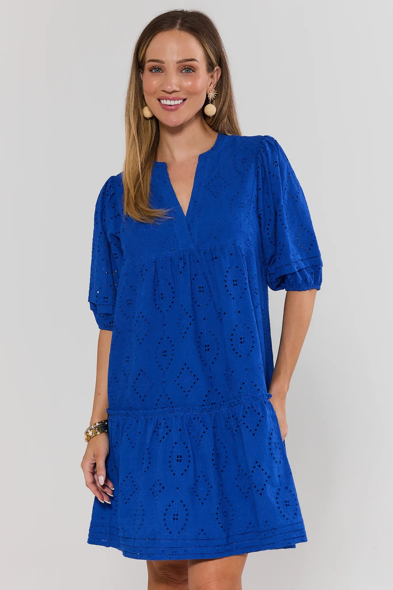 Blue Eyelet Split Neck Short Dress | Avara
