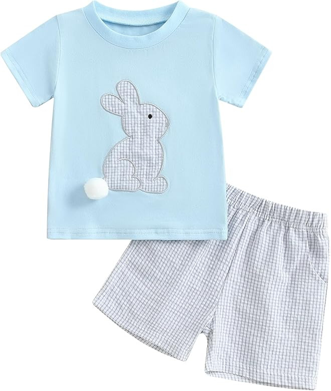 Baby Boy Easter Clothes Bunny Carrot Embroidery Short Sleeve T-shirt Plaid Striped Shorts Set 2Pc... | Amazon (US)