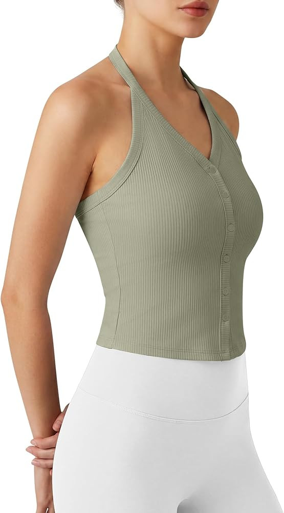 G4Free Ribbed Halter Crop Tank Tops Going Out Camisoles Backless Button Slim Fit Cropped Cami Top | Amazon (US)