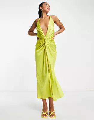 ASOS DESIGN satin midi dress with knot front and drape skirt in green | ASOS (Global)