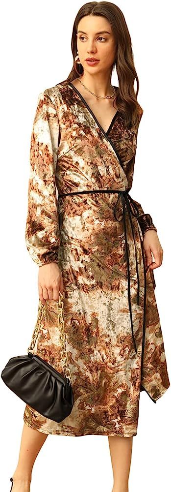 Zexxxy Womens Latern Sleeve Wrap V-Neck Dresses Long Elegant Evening Dress Printed Velvet Gown | Amazon (US)