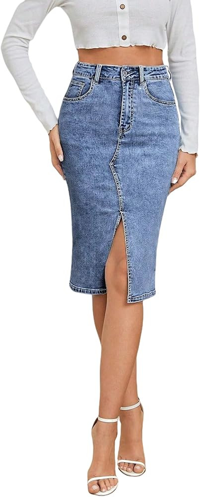Midi Denim Skirt High Waisted Split Front Casual Stretch Knee Length Jean Skirt for Women | Amazon (US)