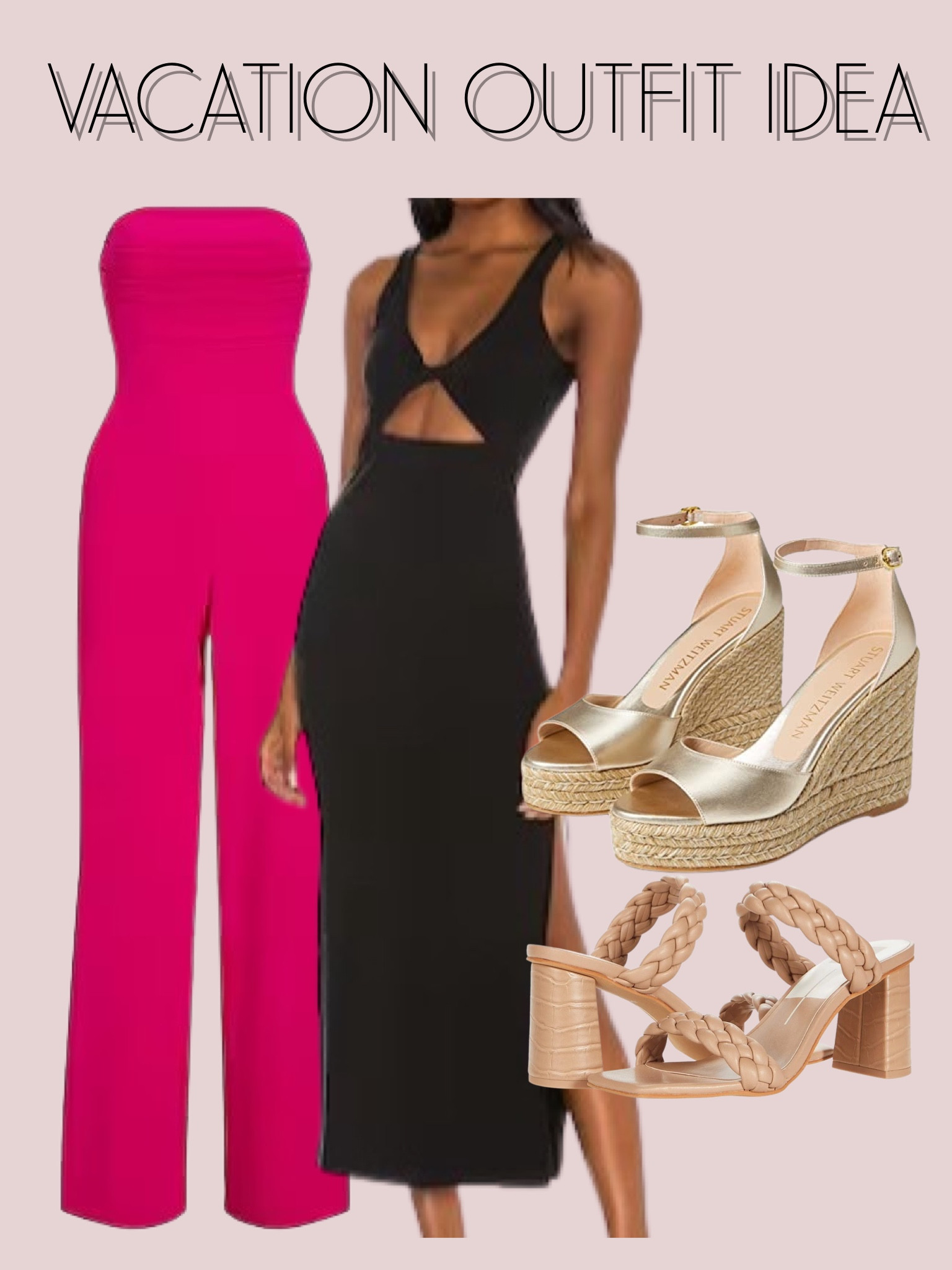 Vacation outfit idea jumpsuit black cutout dress gold heels 

#LTKunder100 #LTKunder50 #LTKsalealert