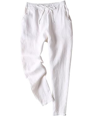 IXIMO Women's Tapered Pants 100% Linen Drawstring Back Elastic Waist Ankle Length Pants | Amazon (US)