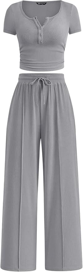 PRETTYGARDEN Womens 2 Piece Outfits Summer 2026 Ribbed Knit Button Short Sleeve Tops Casual Wide ... | Amazon (US)