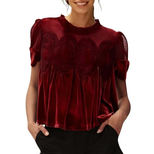 Velvet Tops for Women Vintage Embroidery Velour Cropped Shirts Lace Short Sleeve Holiday Party T-Shirt Winter Clothes Women's Christmas Tops Red XL | Amazon (US)