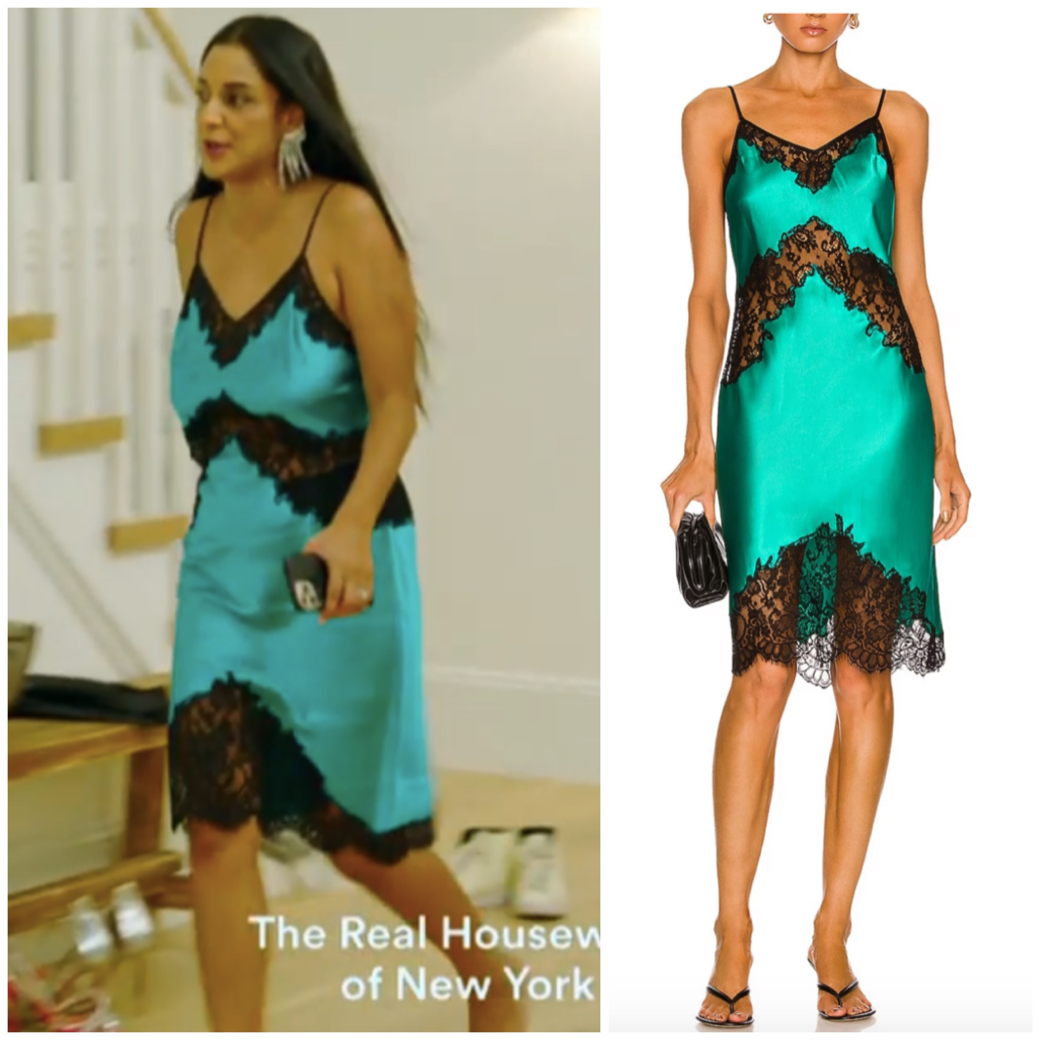 Jessel Tank’s Gift from Jenna Lyons (Green satin lace panel slip dress)