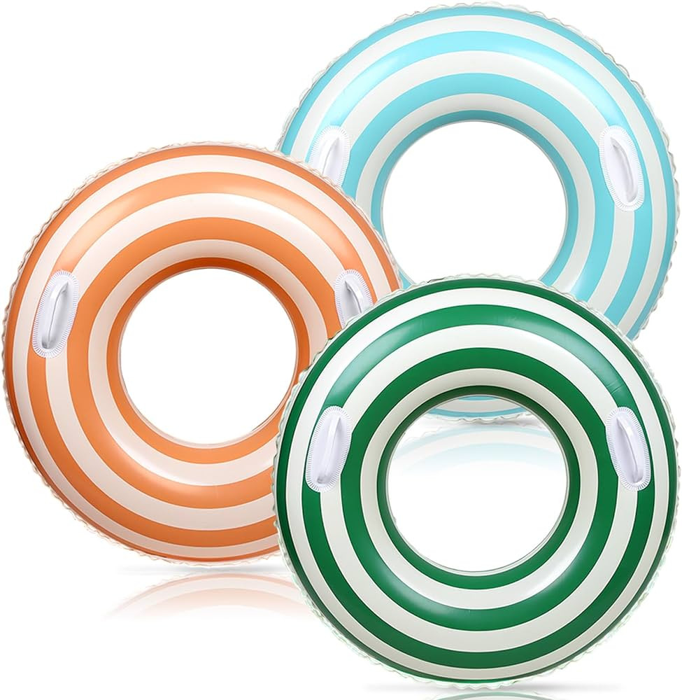 Whaline 3Pcs Pool Tube with Handles Retro Orange Green Blue Striped Swim Pool Rings Inflatable Fl... | Amazon (US)