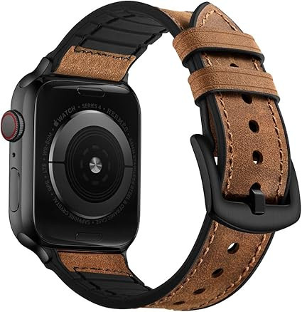 OUHENG Compatible with Apple Watch Band 49mm 45mm 44mm 42mm, Sweatproof Genuine Leather and Rubbe... | Amazon (US)