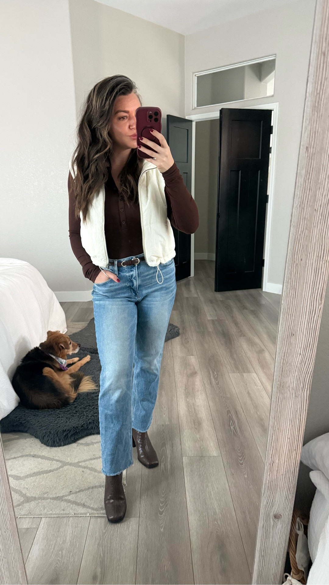 Rainy day brunch outfit! I love being able to dress like fall and actually have it feel like fall! If you live in Arizona you get it! Wearing a small in the long sleeve, medium in the vest, and 27 in the jeans.  

#LTKFindsUnder50 #LTKSeasonal #LTKStyleTip