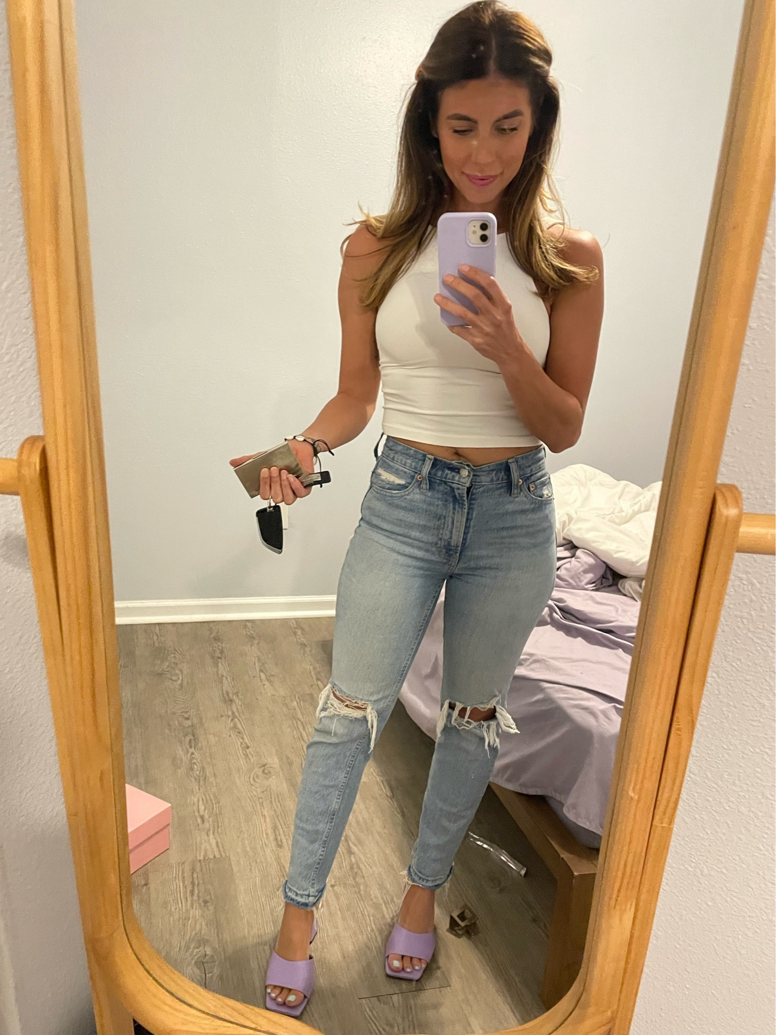 Kept it simple for a casual night out! Loved the little pop of spring color these lavender mules gave me! 💜 #gapjeans #lavender #pastelshoes 

#LTKFind