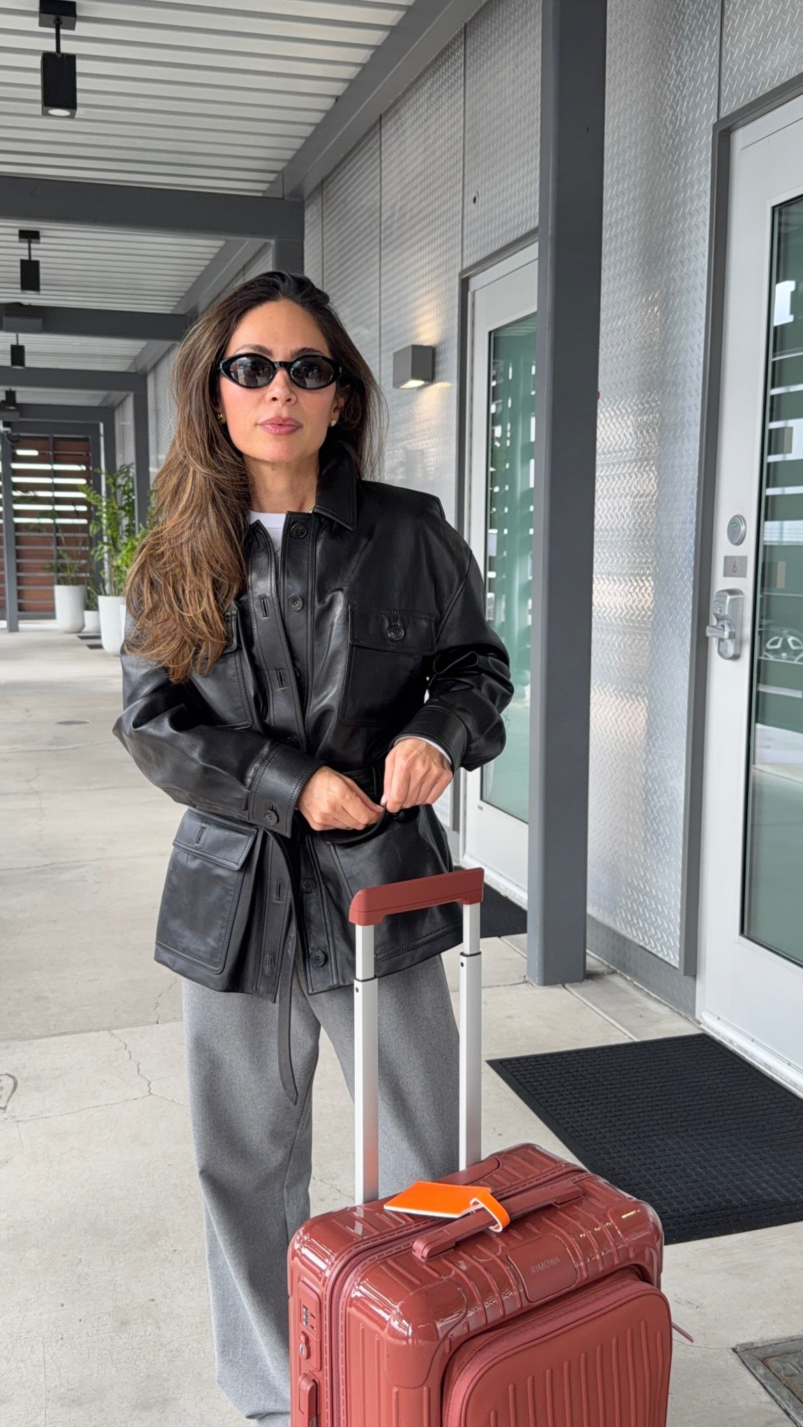 Travel outfit! Suitcase is Rimowa but linked similar. Linked my sweatpants in a different color!