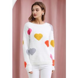 Colorful Heart Pattern Fuzzy Knit Sweater | Chicwish