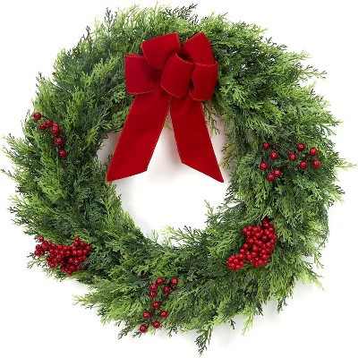 Christmas Wreaths for Front Door, 24 Inch Large Winter Artificial Cypress Wreath with Berries Velvet Bow, for Window Wall Fireplace Holiday Decor | Target