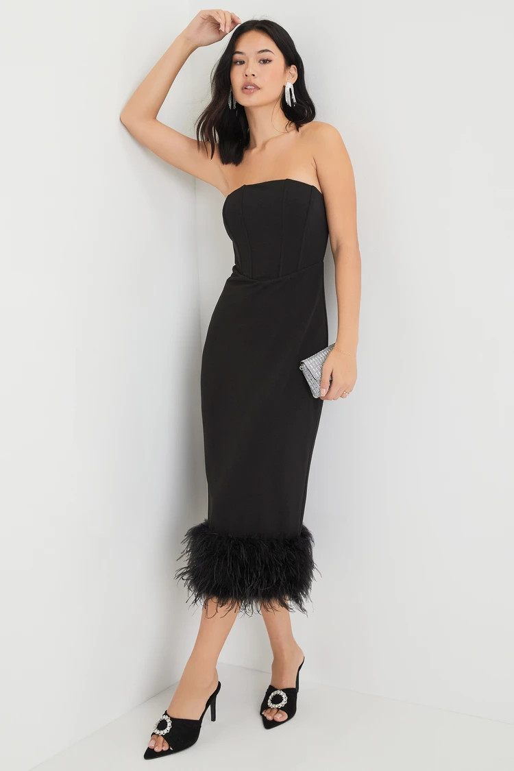 Fancy Behavior Black Bustier Strapless Feather Midi Dress | Lulus