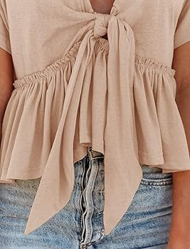 Fanway&EC Women's Short Sleeve V Neck Blouses Ruffle Hem Tie Front Crop Tops Lightweight Basic Su... | Amazon (US)