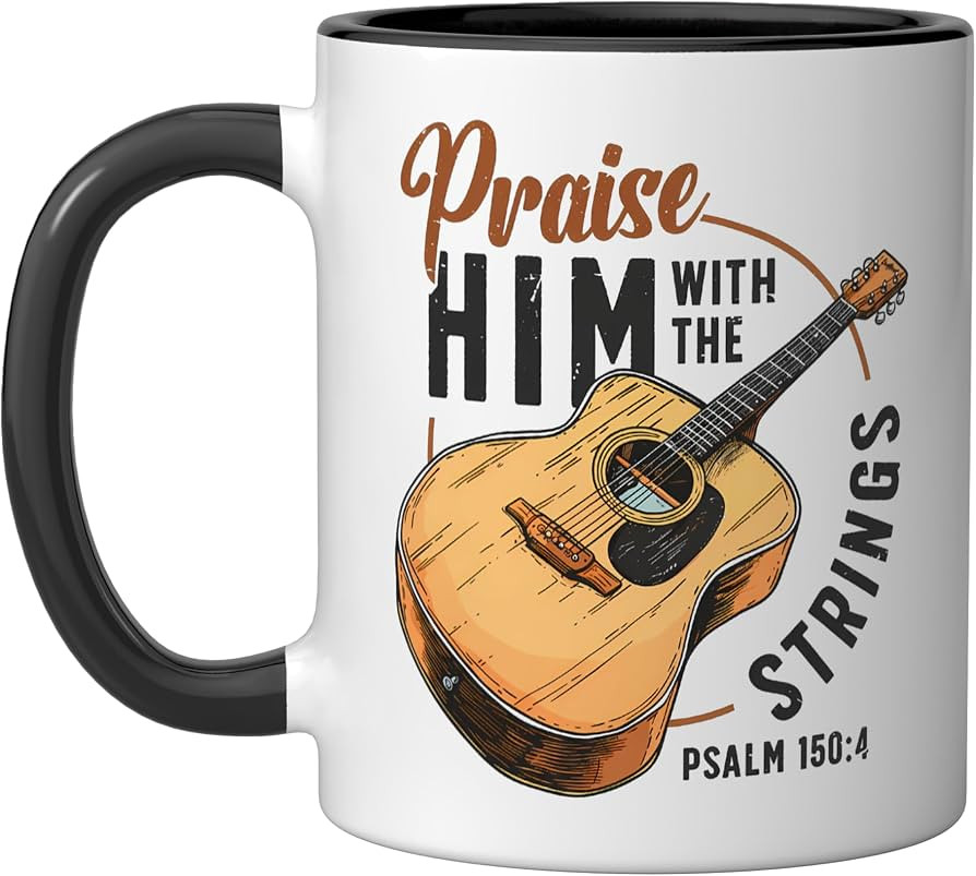 Praise Him With The Strings Bible Psalm Christian Guitar Ceramic Mug, Black/White, 11oz | Amazon (US)