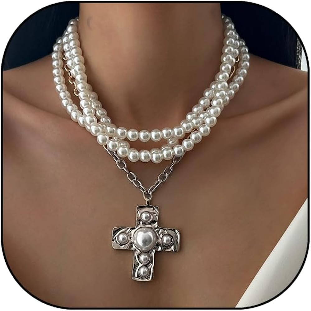 Chunky Cross Necklace for Women Hammered Bold Cross Pearl Layered Necklace Baroque Pearl Costume ... | Amazon (US)