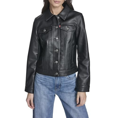 Levi's Women's Classic Sherpa Lined Trucker Jacket, Black Faux Leather Lightweight, Large | Amazon (US)