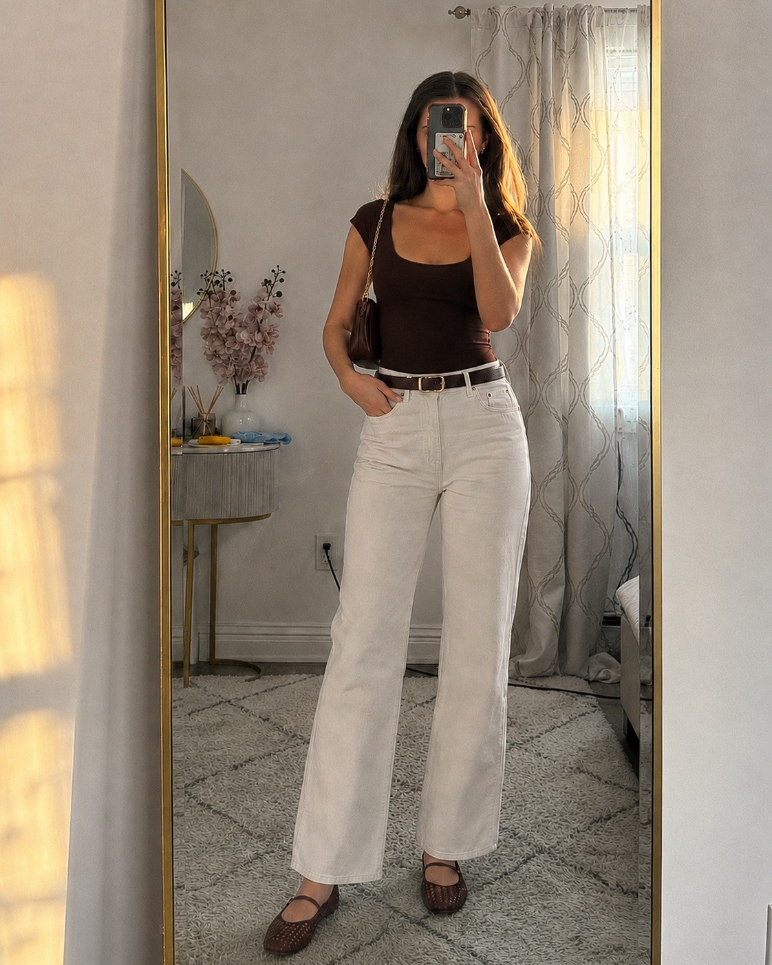 🤎 This outfit is perfect for brunch, date night, weekend plans, casual office days, or a summer dinner out. The fitted brown bodysuit, white wide leg jeans, woven ballet flats, and matching shoulder bag create an effortless elevated summer look that feels timeless and chic. 
.
.
.
.
.

Summer outfits | date night outfits | tops for jeans | basic tops | brown top outfit | brown bodysuit outfit | white wide leg jeans | white jeans outfit | neutral summer outfit | old money outfit | quiet luxury outfits |  mesh ballet flats | ballet flats outfit | casual chic outfit | brunch outfit | capsule wardrobe | elevated basics | everyday outfit ideas | summer fashion
#LTKxAbercrombie #LTKdayinmylife #LTKootd #LTKSeasonal #LTKU #LTKSaleAlert #LTKTravel #LTKWorkwear #LTKgrwm