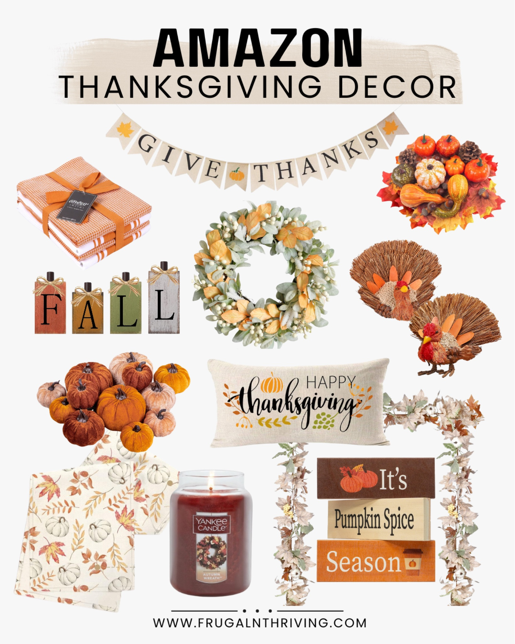 Decorate as much or as little as you’d like! These pieces can be combined for a festive, layered look, or you can pick and choose a few that really speak to you for a more subtle vibe. Perhaps you want to deck out your dining room with garland, banners, faux pumpkins, and decorative turkeys. Or maybe you’d prefer a cute pillow cover and delicious-smelling candle for the living room as a delicate nod to the holiday. Whatever your style, these decor items will perfectly complement whatever dishes your dishing out that day.

#LTKHoliday #LTKSeasonal #LTKHome