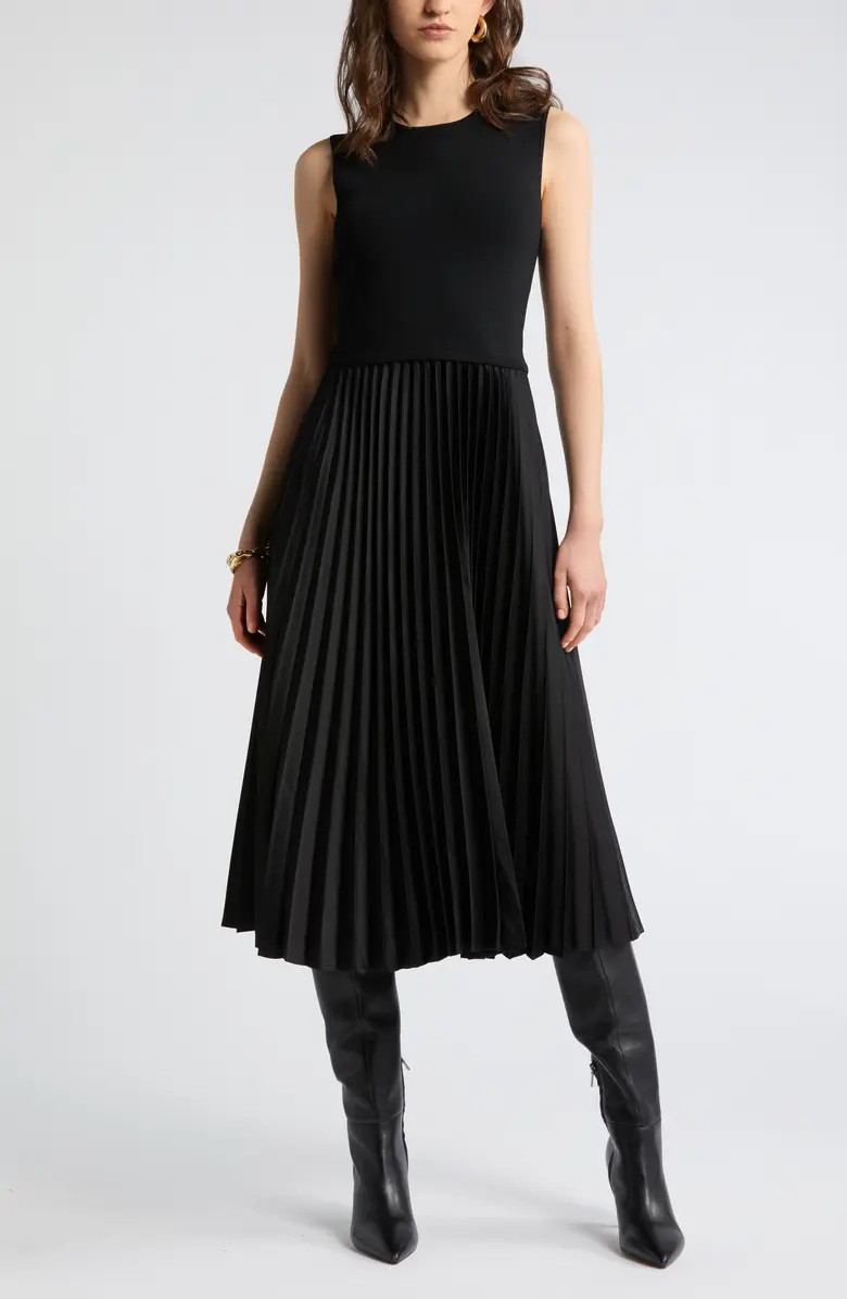 Pleated Mixed Media Midi Dress | Nordstrom