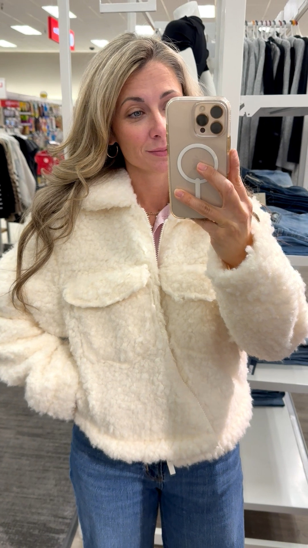 This Sherpa faux shearling jacket from Target is seriously the warmest jacket and so cozy!!!! It’s like you’re wearing a cloud! Wearing an XS! 

#LTKHoliday #LTKOver40 #LTKootd