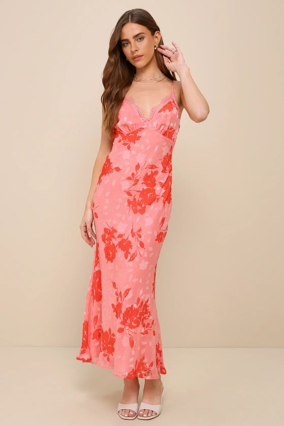 Caught Your Interest Pink Floral Burnout Lace Cutout Maxi Dress | Lulus