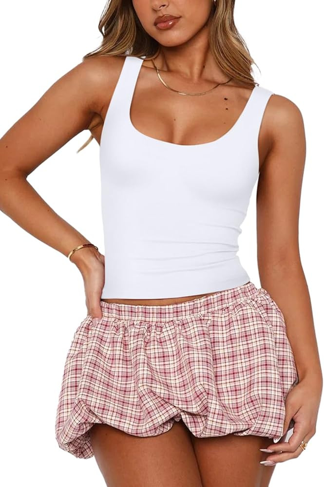 PINKMSTYLE Womens Basic Square Neck Tank Tops Cute Double Lined Sleeveless Tops Summer Outfits | Amazon (US)