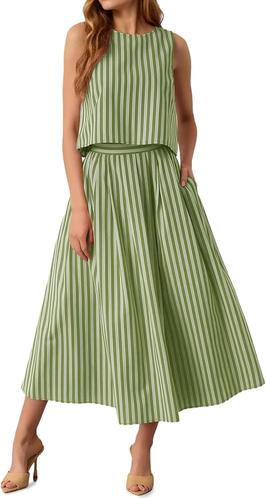 Tankaneo Womens 2 Piece Skirt Sets Summer Striped Sleeveless Tank Tops Midi Dress Travel Vacation... | Amazon (US)
