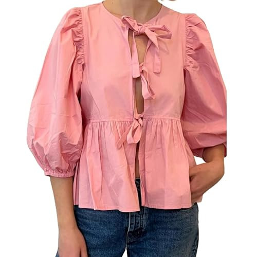 Usweetie Peplum Tops for Women Tie Front Puff Sleeve Peplum Blouse Pink M | Amazon (US)