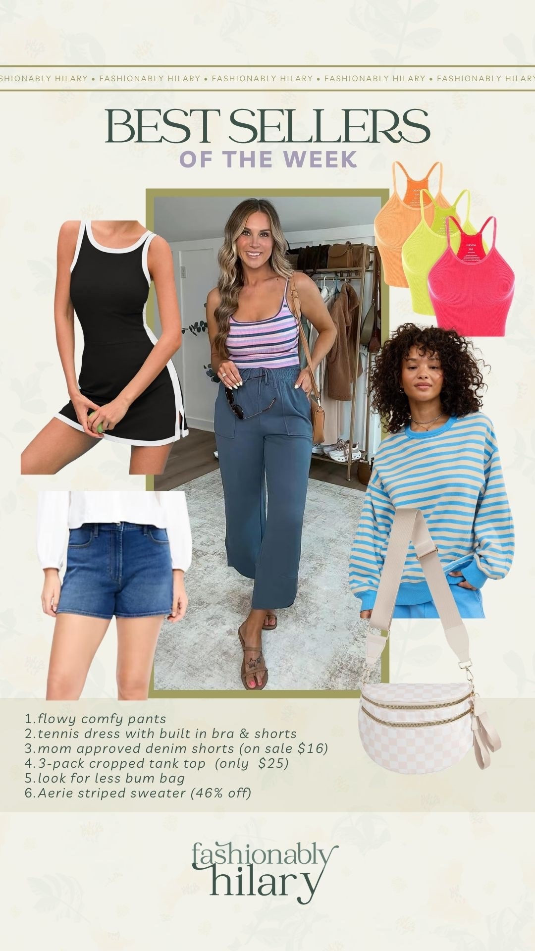 flowy comfy pants
tennis dress with built in bra & shorts
mom approved denim shorts (on sale $16)
3-pack cropped tank top (only  $25) 
look for less bum bag
Aerie striped sweater (46% off)

#LTKSaleAlert #LTKMidsize #LTKSeasonal