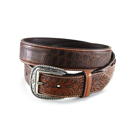 Ariat Men's Floral Embossed Tab Belt, Faux Crocodile, Removable Silver Buckle, Tan, 34 | Amazon (US)