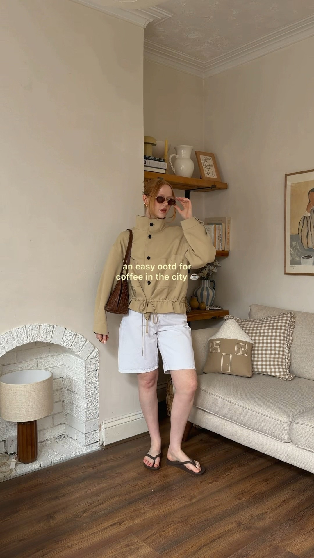 Funnel Neck Jacket, Blouson Jacket, White Shorts, Bermuda Short, Jort, Flip Flop, Shoulder Bag, Brown Leather

#LTKspring #LTKsummer #LTKuk