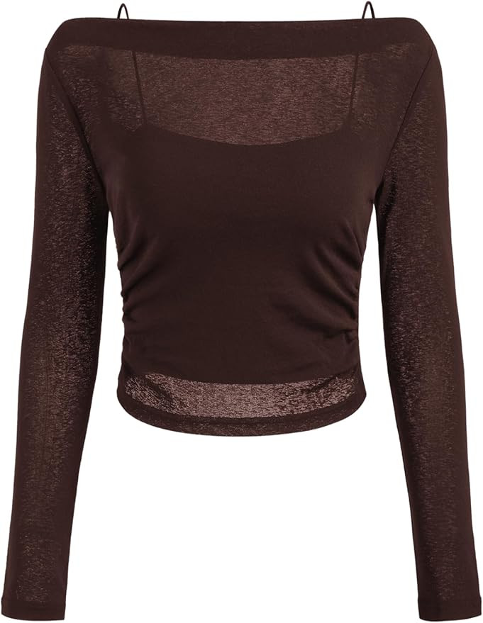 CIDER Oberteile Damen Langarmshirt Durchsichtiges Crop Top Slim Fit Boot Ausschnitt Cami Set Figu... | Amazon (US)