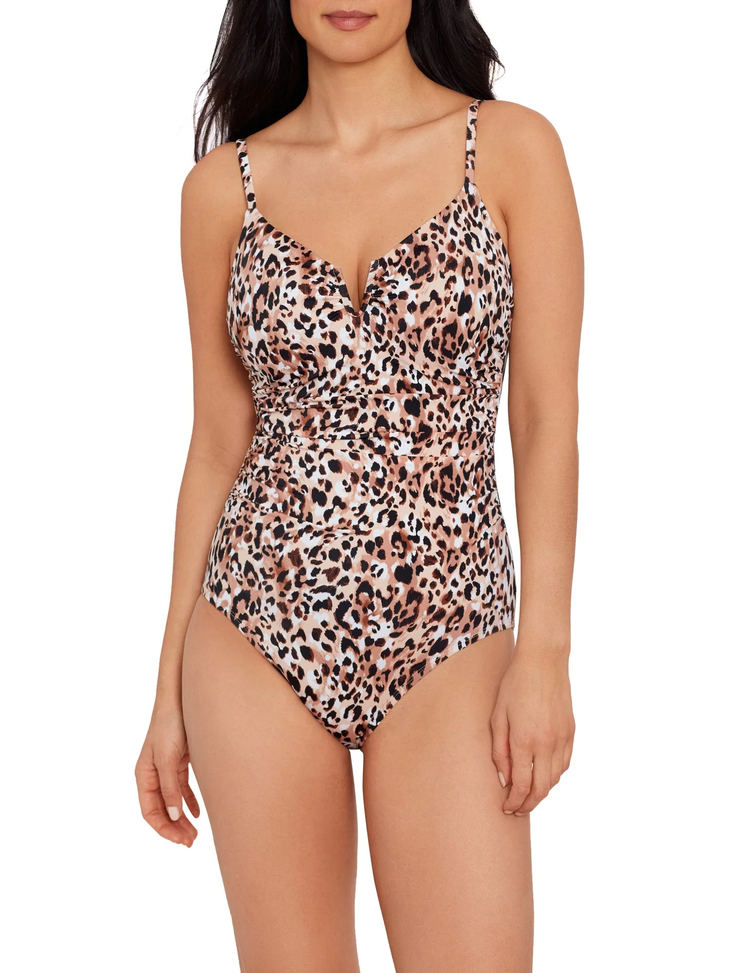 Time and Tru Women's and Women’s Plus Size Cheetah V Wire Shirred One Piece Swimsuit | Walmart (US)