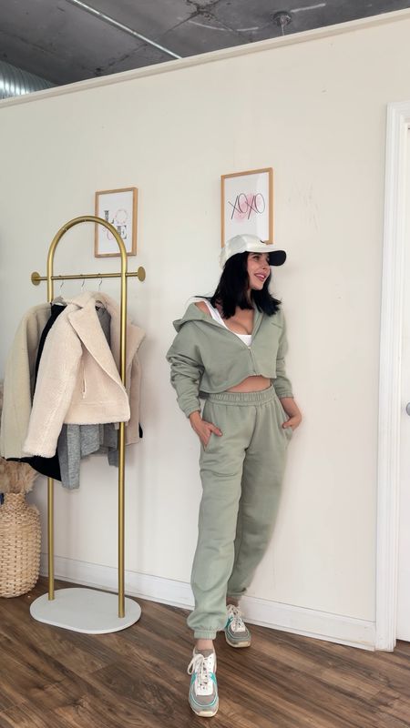 Weekend casual style in Sage green cropped tracksuit, Chanel sneakers and Nike cap. This is a great comfy travel outfit as well ✈️

#LTKstyletip #LTKtravel #LTKfindsunder50