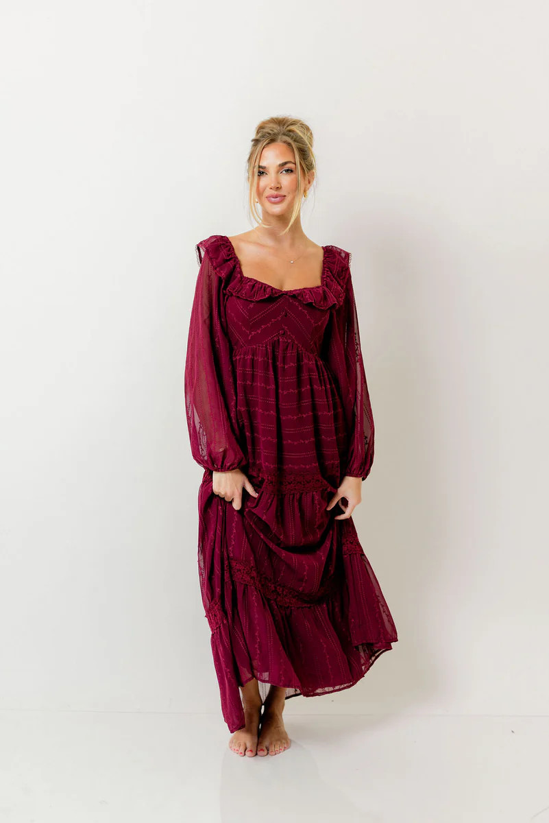 Sabrina Ruffle Trim Tiered Maxi Dress in Wine | Worth Collective