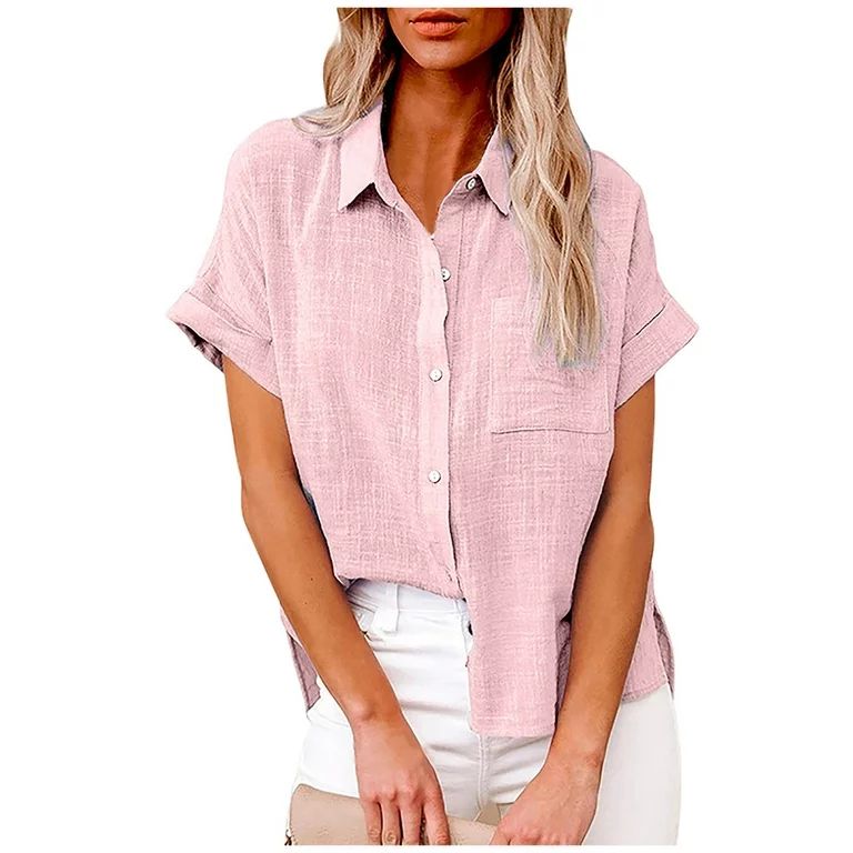 Summer Savings! Jerdar Women's Button Up Shirts Cotton Short Sleeve Blouses V Neck Casual Tunics ... | Walmart (US)