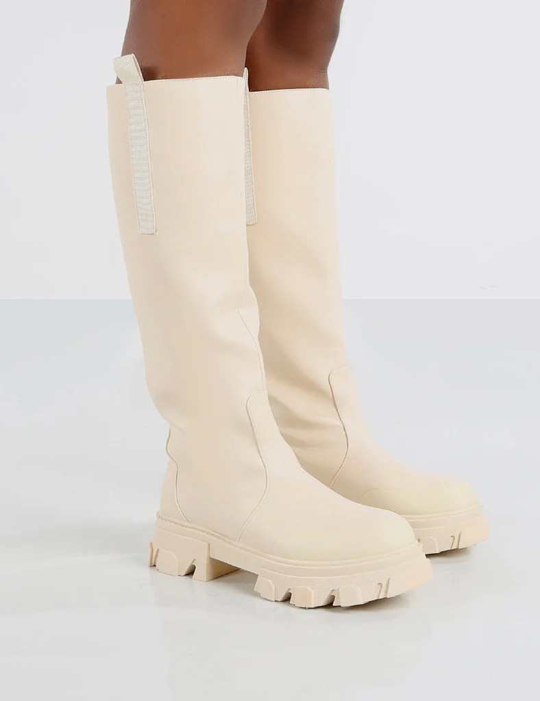 Amber x Public Desire Genius Cream PU Knee High Chunky Sole Boot | Public Desire (US & CA)