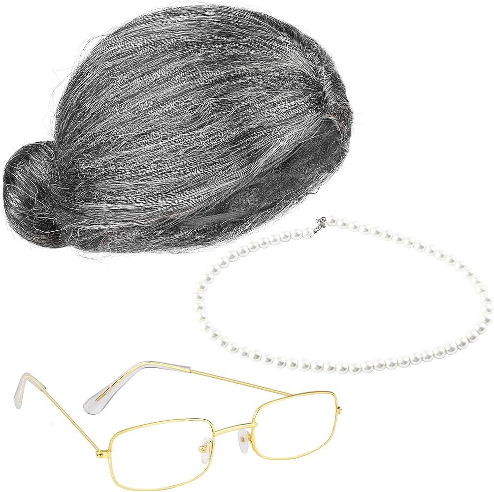 Cooraby 3 Pcs Grey Old Lady Wig 100 Days of School Grandma Wig Granny Glasses Artificial Pearl Ne... | Amazon (US)