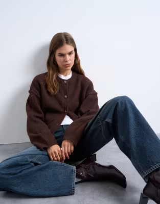Topshop knitted exposed seam relaxed cardigan in brown | ASOS (Global)