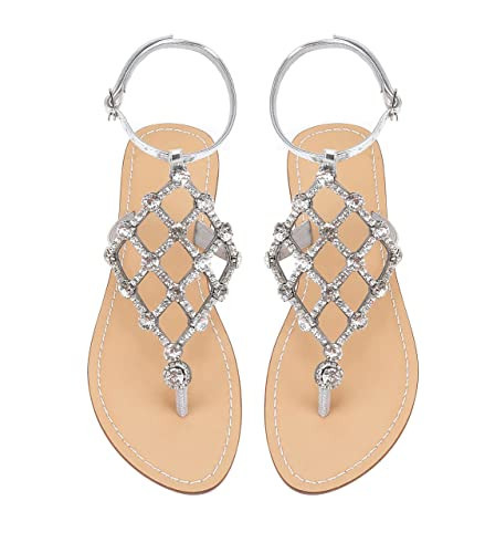 UTIKLIOU Comfy Rhinestone Flat Sandals Dress Sandals for Women Jeweled Flat Sandals (Silver 11) | Amazon (US)