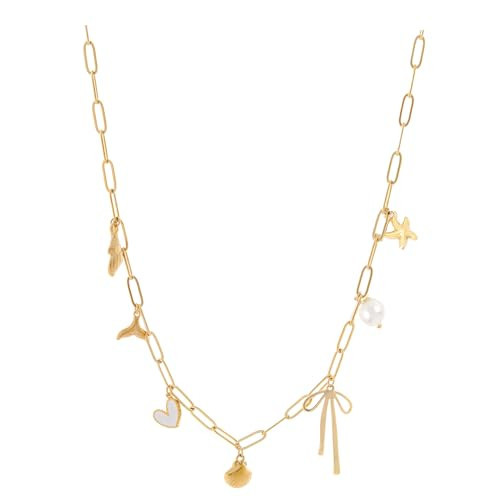 Charm Necklace for Women Shell Necklace 14K Gold Plated Starfish Pearl Heart Pendant Summer Beach Necklace Ocean Jewelry Gifts (Beach Charms) | Amazon (US)