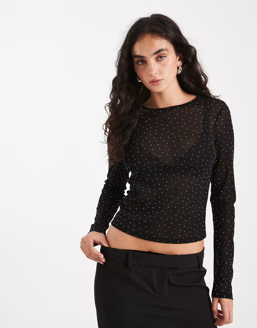 ASOS DESIGN textured mesh hotfix long sleeve top in black | ASOS (Global)