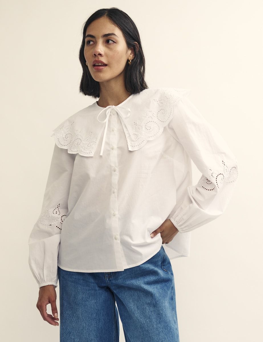 Fearne Cotton White Peter Pan Collar Broderie Blouse | Nobody's Child