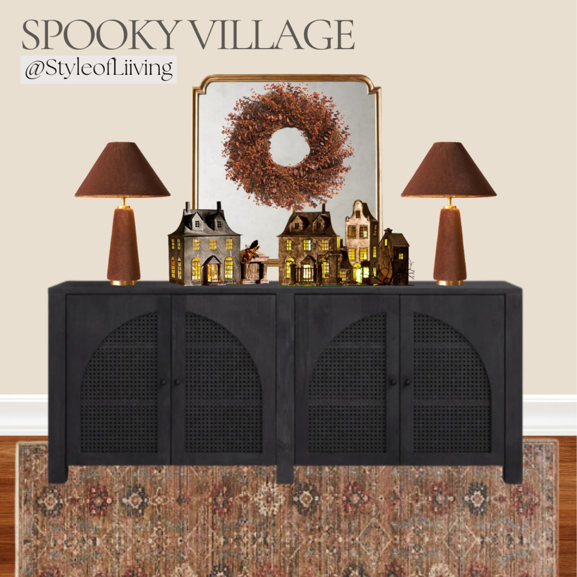 Spooky Halloween village from Anthropologie. Fall wreaths, wall mirror, black wood sideboard on sale, area rug, velvet table lamps mink. Home decor and dining room furniture.

#LTKHalloween #LTKHome #LTKSaleAlert