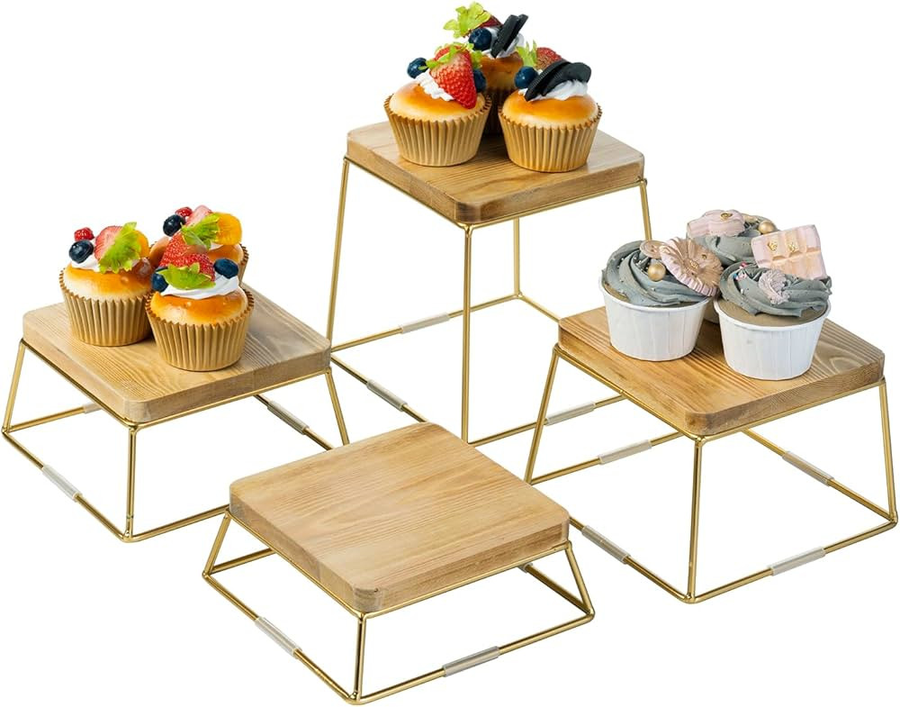 MyGift 6 Inch Square Burnt Natural Solid Wood and Gold Tone Metal Wire Cupcake Dessert Risers, Ta... | Amazon (US)
