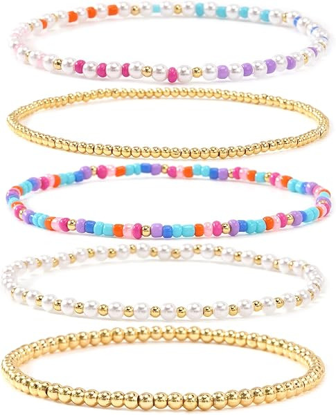 14K Gold Plated Beaded Bracelets Stack Set for Women,Stretch Boho Ball Jewelry Friendship Trendy | Amazon (US)